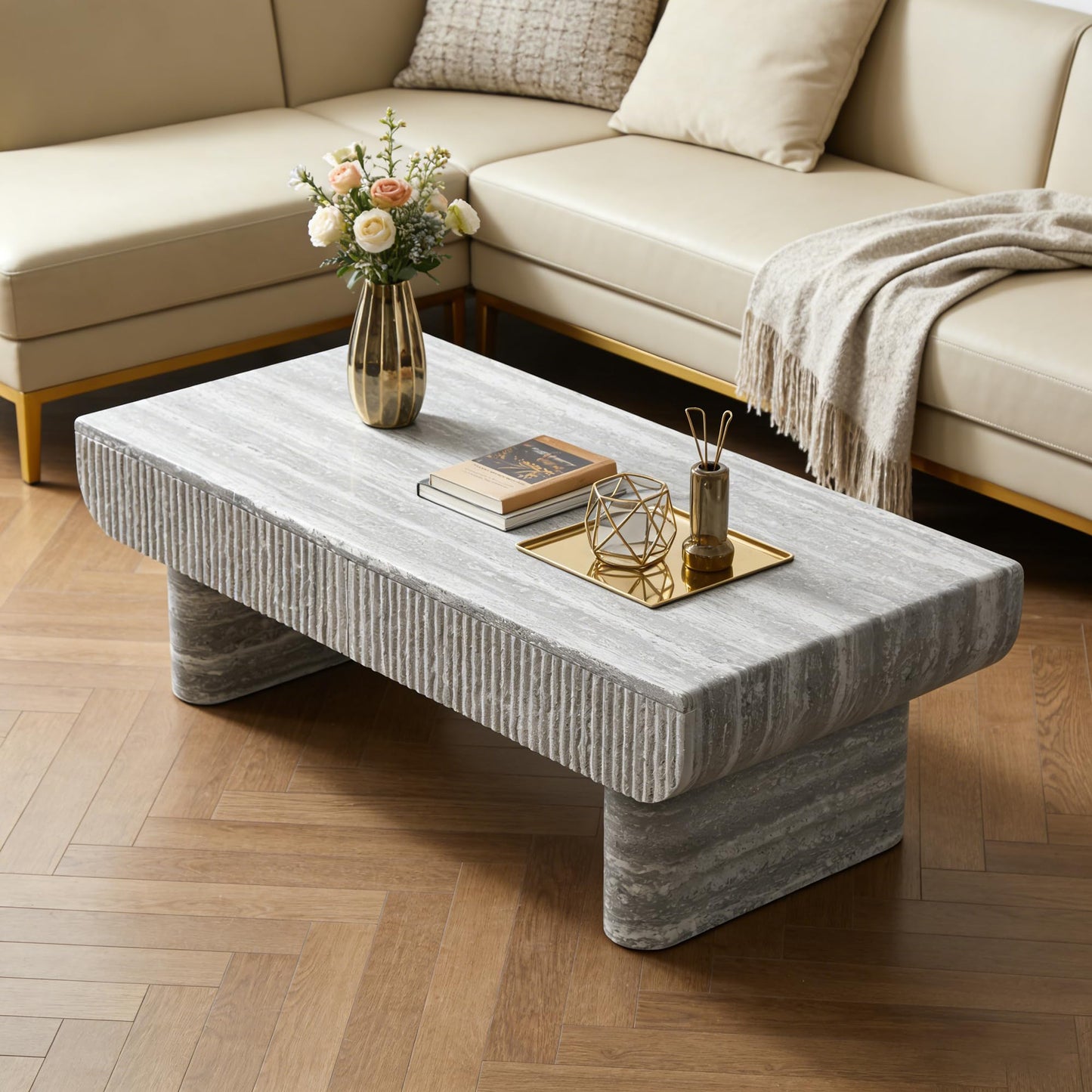 GDFStudio 46.85" Rectangle Coffee Table with Hidden Storage Drawer, Modern Wood Center Table with Faux Marble Top & Fluted Design, Small Space Coffee Table for Living Room Home Office, Grey
