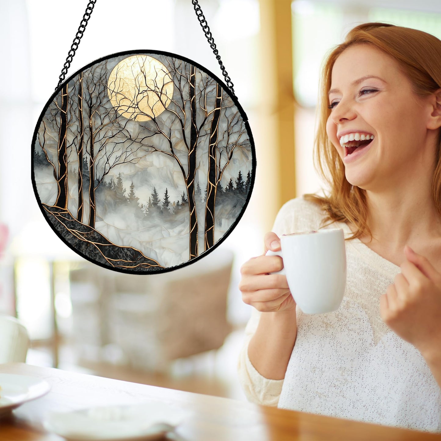AMDERVEN Stained Glass Window Hanging - Black and White Gold Moon Forest Sun Catcher for Door Home Decor Suncatcher Christmas Mother's Day Birthday Gifts for Women Men Lovers Mom Nana 11.8 in