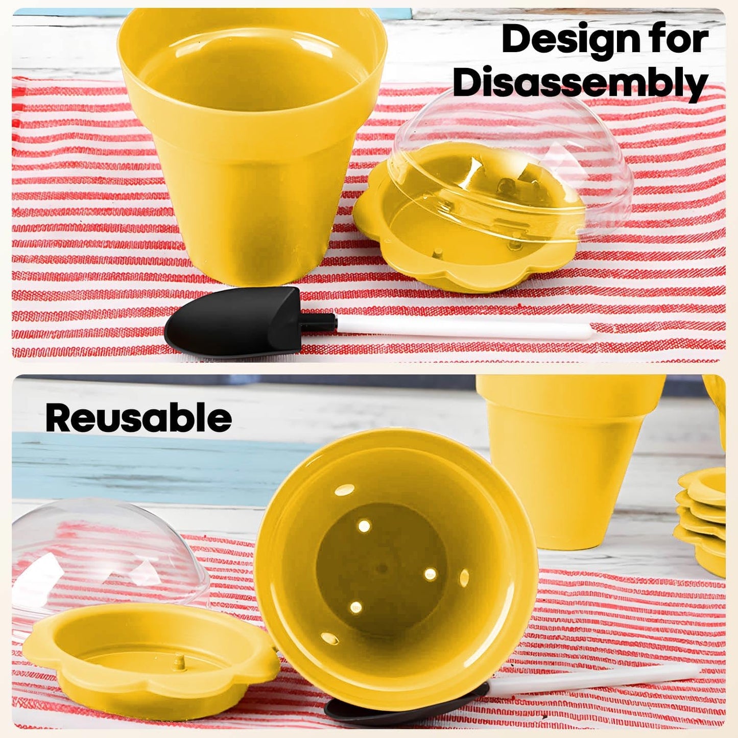 20 Pcs Nursery Pots with Humidity Dome, Flower Pot Dessert Cups with Bring A Plate and Shovel, Planting Cups for Seeds for Indoor Gardening and Plant Propagation(Yellow)