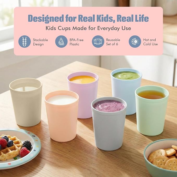 MASTERCOOK 6 Pcs. Small Reusable Cups –8 oz Unbreakable Drinking Glasses -Toddler Cups for Water, Juice, Milk–BPA Free Stackable Tumblers Plastic Cup set for Kitchen, Picnics, Parties- Kid-Friendly