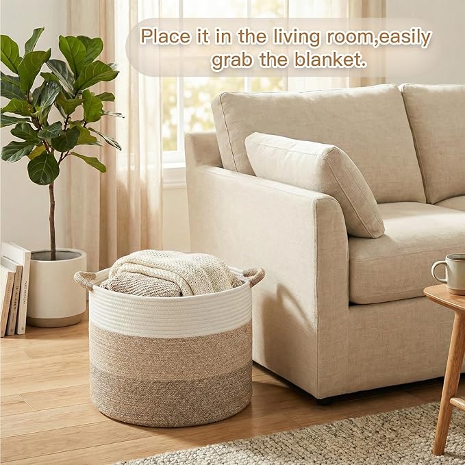 Artfeel 100L Large Cotton Rope Basket, Decorative Woven Blanket Storage for Living Room, Boho Toy Storage & Toy Box for Kids, Versatile Laundry Basket & Nursery Hamper for Blankets(BrownYellow)