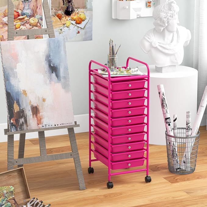 MEDIMALL 10 Drawers Rolling Storage Cart, Multipurpose Craft Storage Cart with Wheels, Mobile Tools Scrapbook Paper Organizer Cart for Office School Home Use