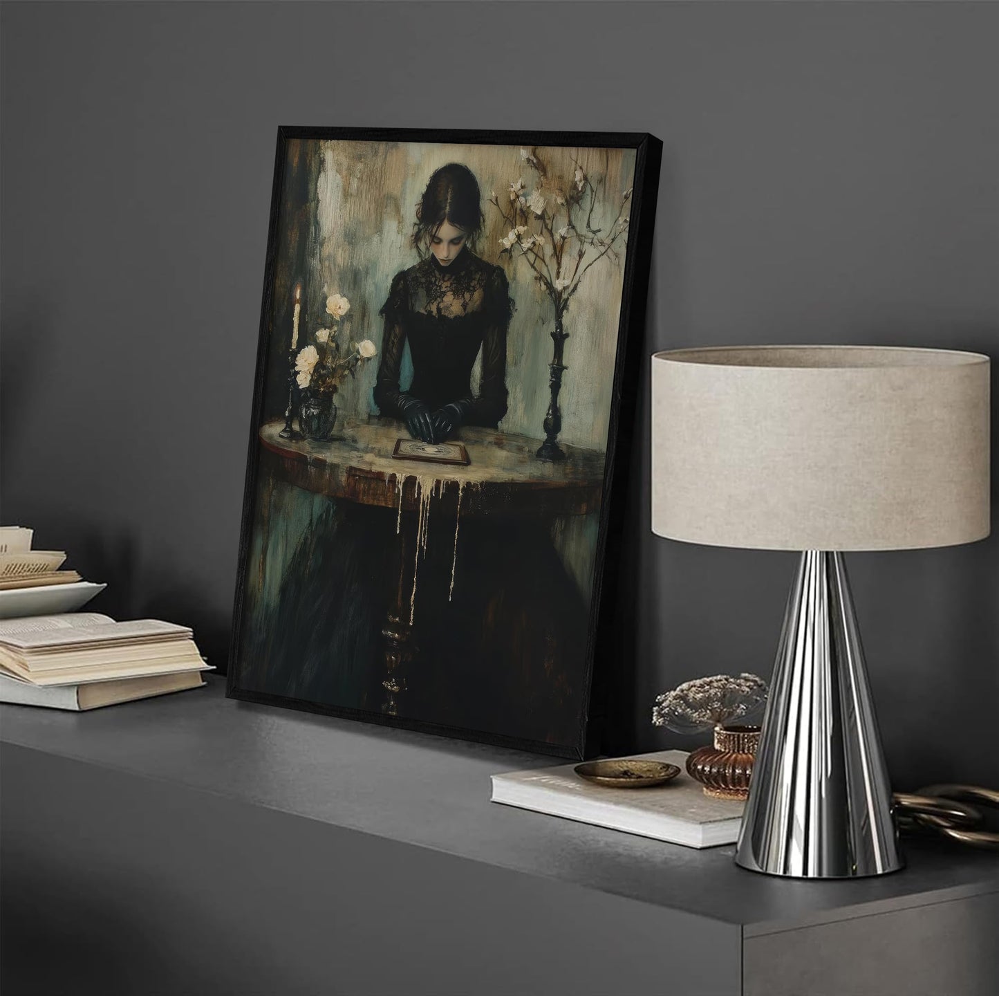Framed Dark Academia Canvas Wall Art Gothic Victorian Woman Painting Picture Wall Decor Moody Occult Botanical Aesthetic Poster Print Artwork for Gallery Living Room Bedroom Home Decoration