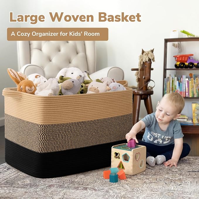 Goodpick 105L Extra Large Blanket Basket 25" x 16" x 16" Cotton Rope Storage Baskets for Organizing, Wicker Laundry Basket with Handles, Rectangle Woven Baskets for Storage, Black & Jute
