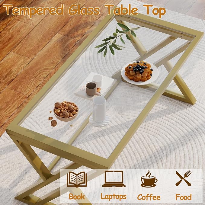 Wolawu Coffee Table Gold Glass Coffee Table for Living Room,Modern Rectangular Center Table with Sturdy Metal Frame,Tempered Glass Table Tea Tables for Bedroom Home Office