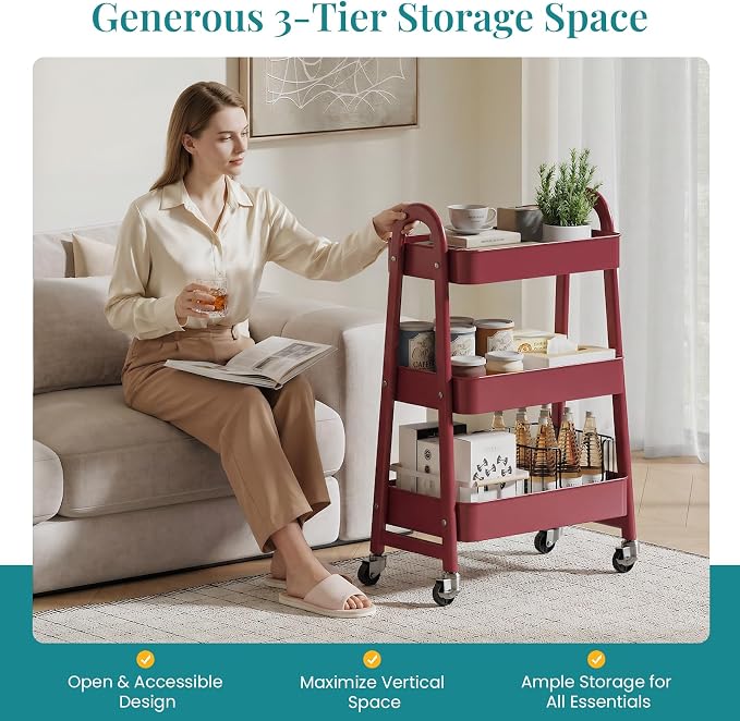 OLIXIS Metal 3 Tiers Utility Rolling Cart, Mobile Storage Shelf with Lockable Caster Wheels, Organization for Livingroom, Bathroom & Narrow Places, Red