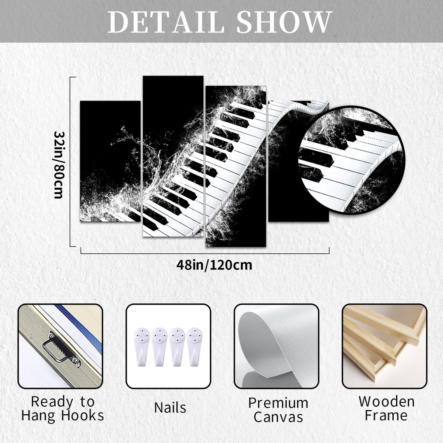 Canvbay 4 Panels Music Canvas Wall Art Black and White Piano Keyboard with Water Splash Pictures Prints Musical Instrument Artwork Framed for Studio Office Living Room Decor