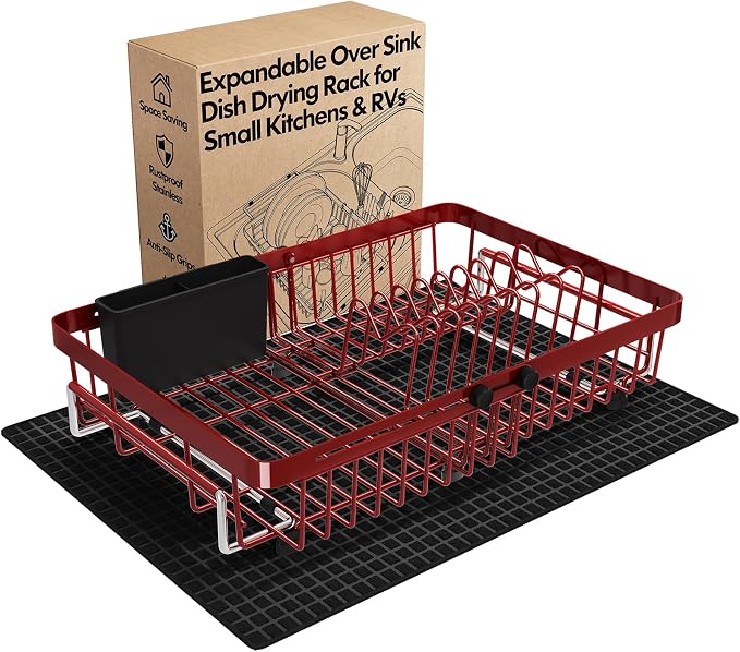 MAJALiS Red Dish Drying Rack Over The Sink with Utensil Holder, Mat | Expandable Stainless Steel Dish Drainer for Small Kitchen, Apartment, RV, Counter Space Saving, Perfect Fit, Rustproof