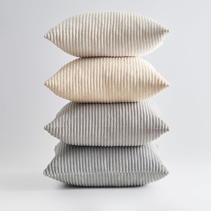 Topfinel 4 Packs Neutral Decorative Throw Pillows Covers 12x12 Inch for Living Room Couch Bed Sofa, Rustic Farmhouse Boho Neutral Home Decor, Soft Plush Striped Corduroy Square Cushion Case 30x30 cm