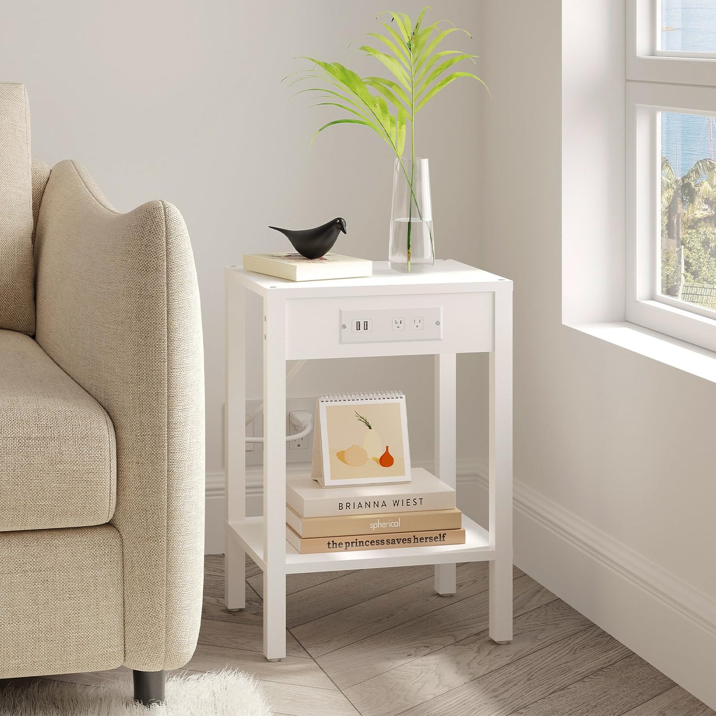 End Table with Charging Station, 2-Tier Nightstand with Storage Shelf,Modern Side Table,Bedside Table for Small Space in Living Room, Bedroom, Sofa Couch and Balcony, White MLBZ14WE