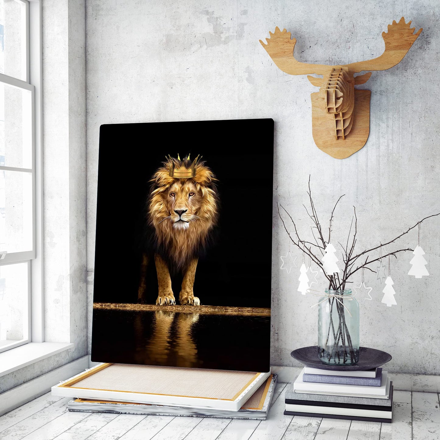 Tribute to art Lion Canvas Print Wall Art,A with a crown noble and confident,Black Golden Animal for Living Room Office Decor Home Decoration Framed Ready Hang,bedroom men (Lion king, 16inchx12inch)