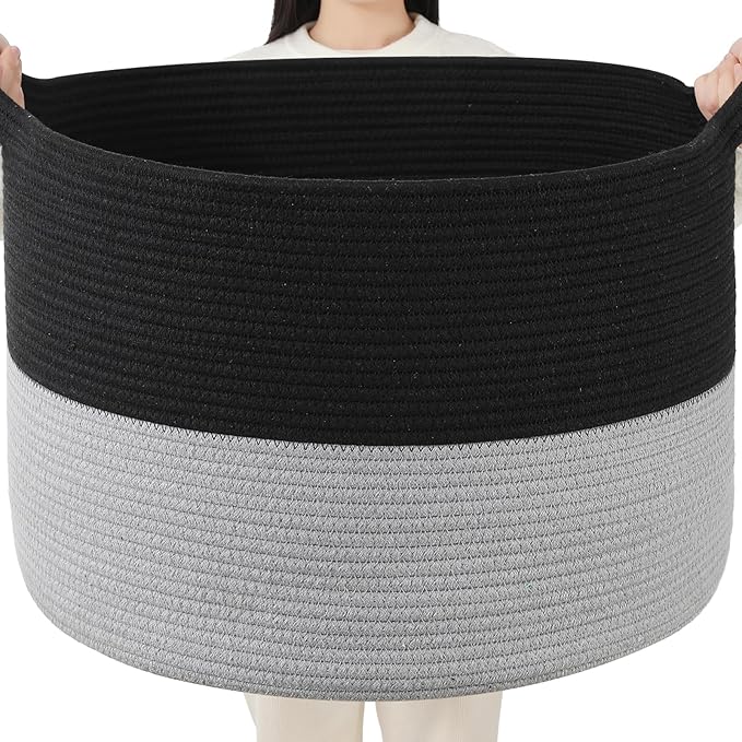 Foldable Laundry Hamper Basket with Collapsible Handle Cotton Rope Soft Woven Fabric Storage Organizer Clothes Toys Nursery Bedroom Dorm Space Saving Bin (Black & Grey, 65L(19.7"D x 12.6"H))