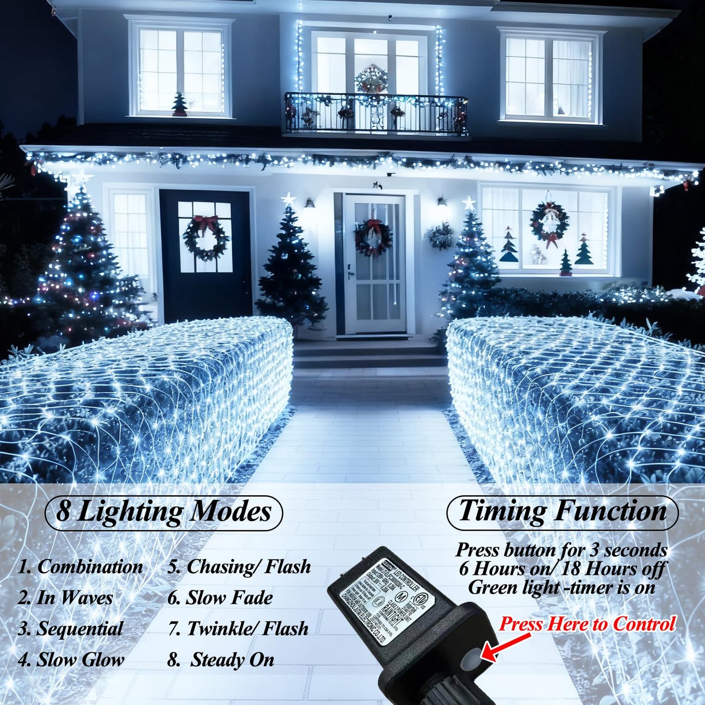 Lovelite 510 LED Christmas Net Lights, 28ft x 5ft Mesh Lights Outdoor Clear Wire 8 Modes, Waterproof Connectable String Lights Plug in for Xmas Tree Bushes Garden Holiday Party Decorations - White