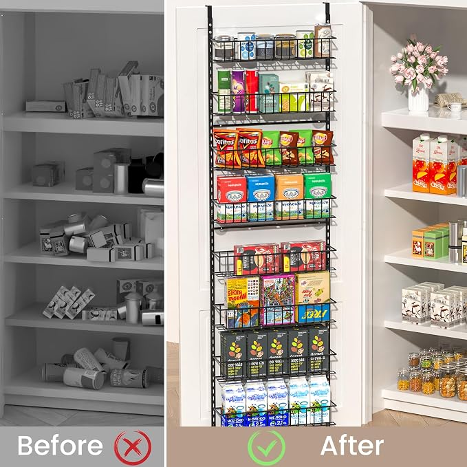 ElegantArray 10-Tier Pantry Door Oragnizer, Over The Door Pantry Organizer Rack and Storage, Hanging Spice Rack Shelves Door, Home Office Laundry Room Bathroom & Kitchen Organization, Black