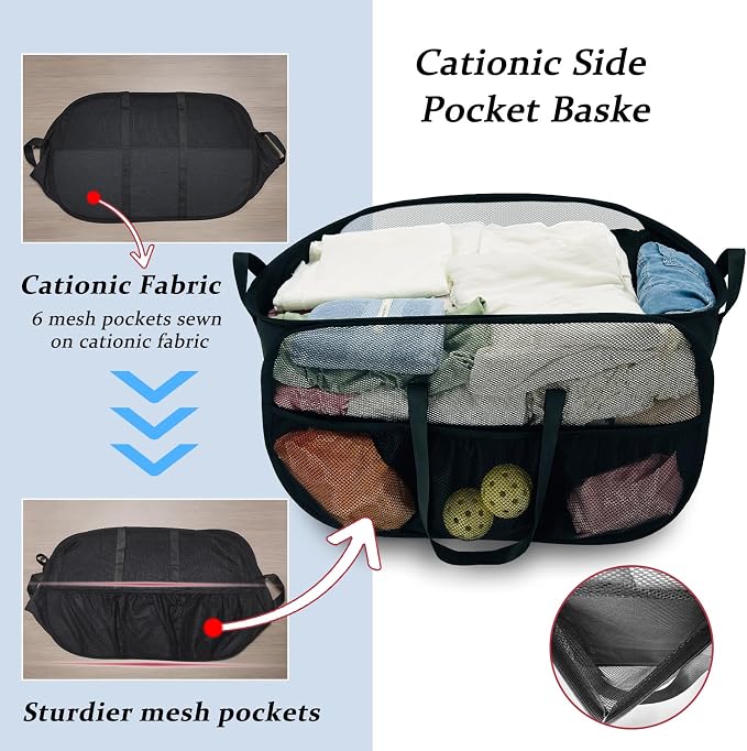 Upgraded Cationic XL Collapsible Laundry Baskets, 100L Extra Large Mesh Pop Up Hamper with Handles and bag, Portable Stair Basket, Dirty Clothes Hamper for Cruise Travel Bedroom. Black