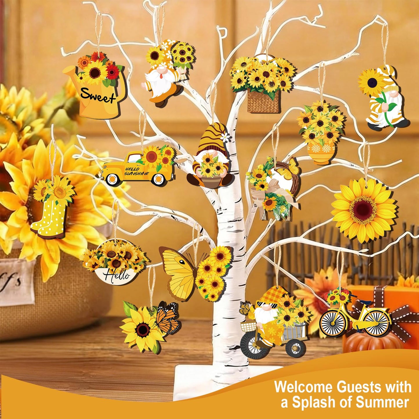 AFWHGM Sunflower Summer Wooden Ornaments Set - 30 Pcs Sunflower Tree Ornaments Garden Gnome & Flower Decor for Tree, Spring to Summer Home and Party Decorations