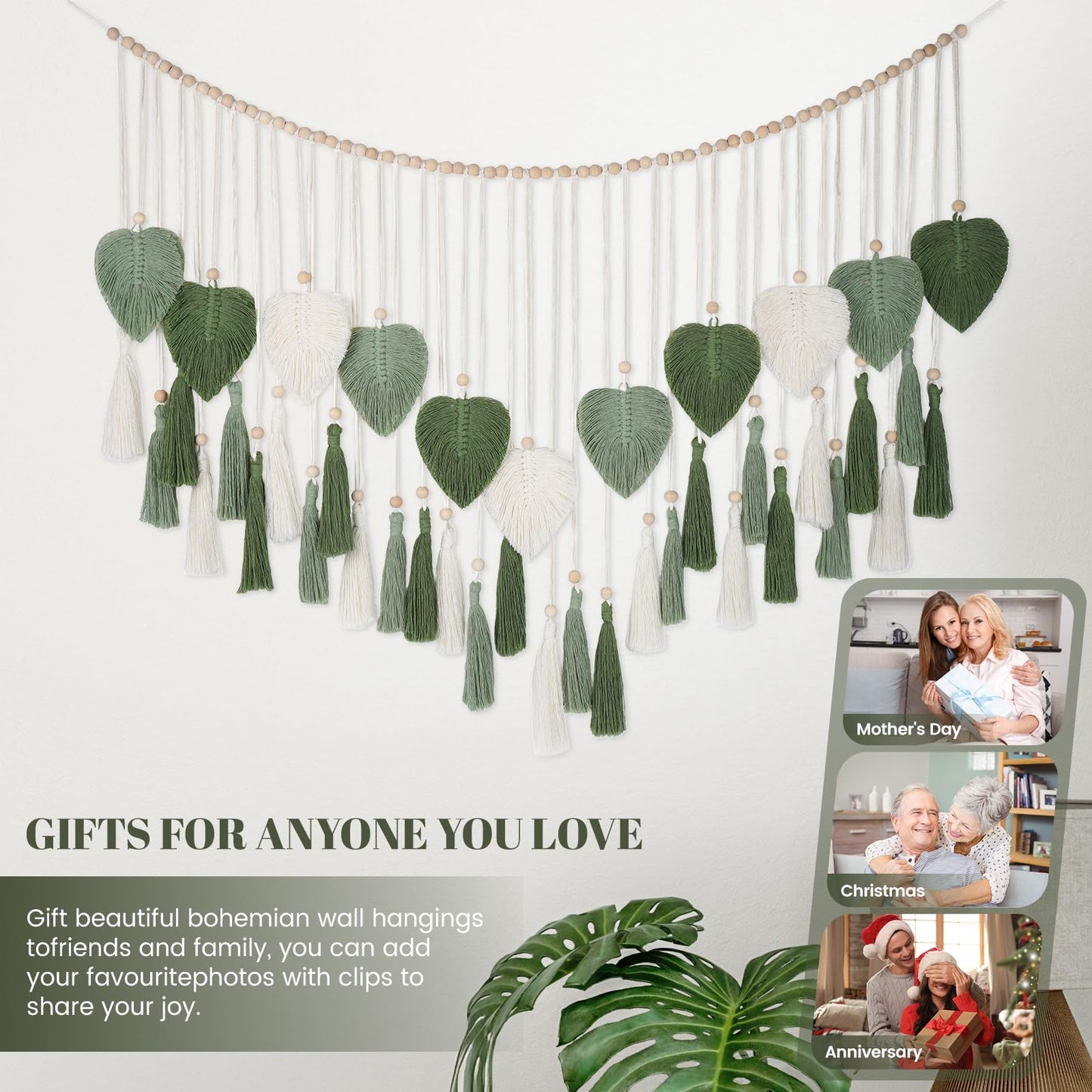 Large Macrame Wall Hanging Tapestry with Wood Bead and Leaf Wall Decor for Bedroom Living Room Nursery Apartment, Room Boho Style Decor Tapestry, 43.3" W X 25.9" L Green Tapestry