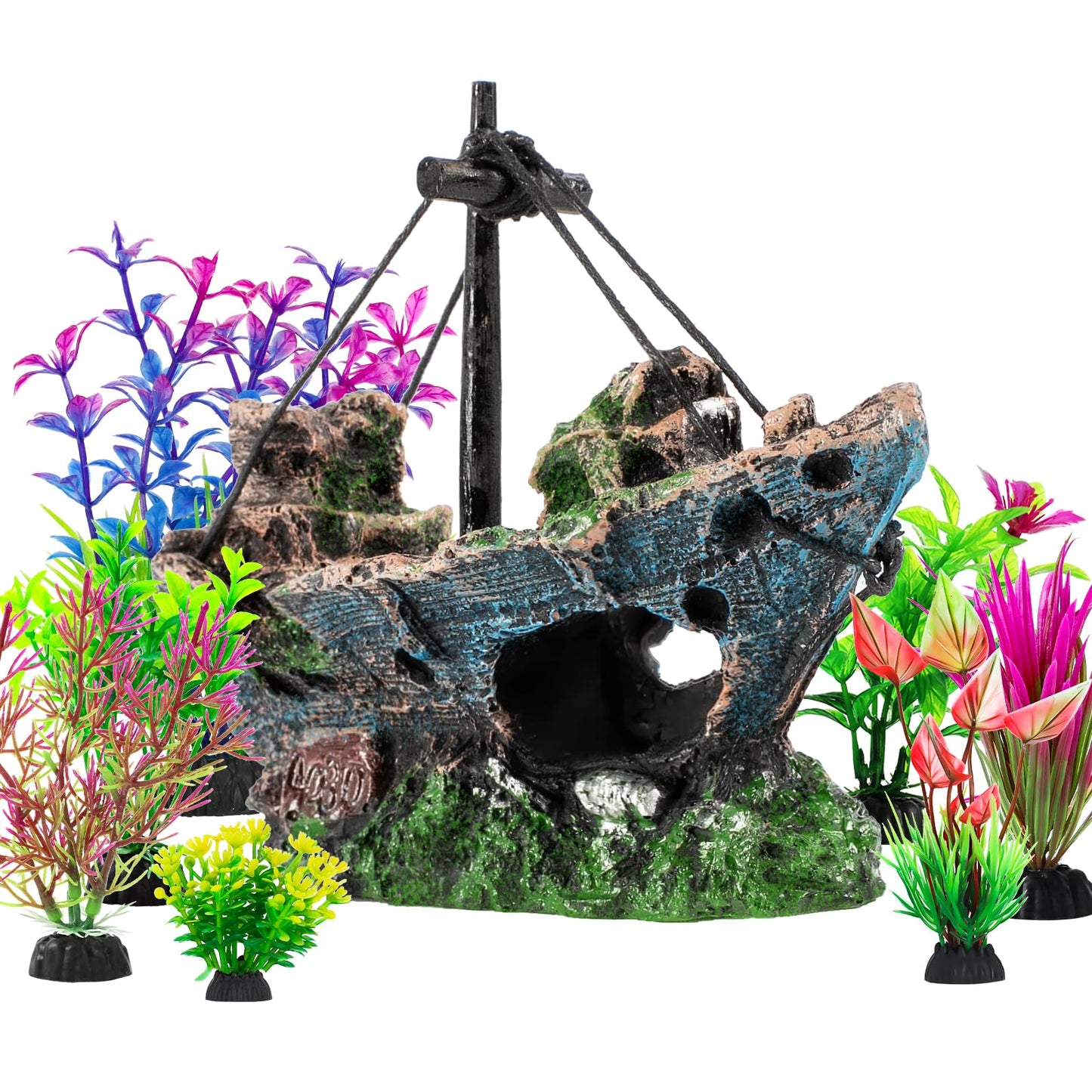 Xereooe 8Pcs Fish Tank Decorations Set Sunken Ship Decoration,Resin Material Fish Tank Accessories Accessories for Natural Look, Aquarium Shipwreck x 1pc, Aquatic Plants x 7pcs