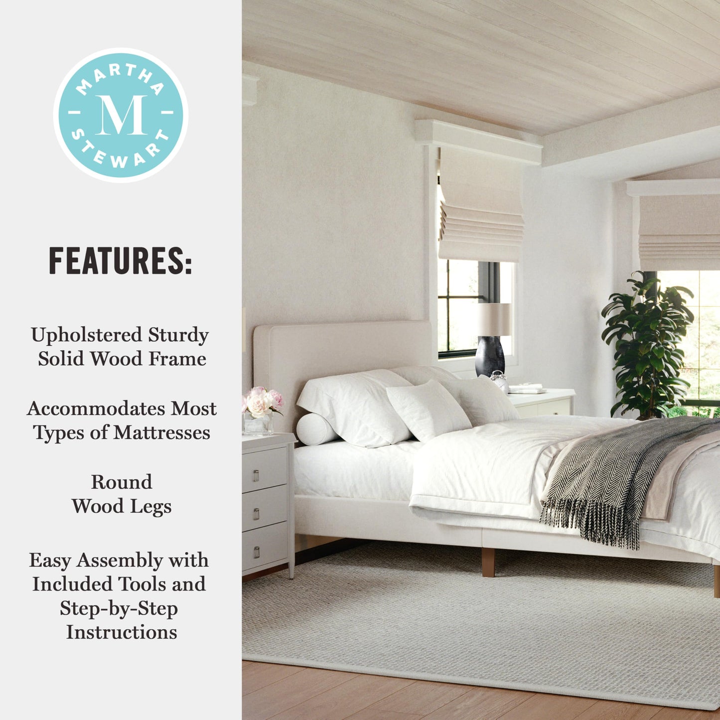 Martha Stewart Britta Platform Bed with Headboard & Footboard, Faux Linen Upholstery with Piping Detail, Rounded Headboard, No Box Spring Needed, Queen, Beige