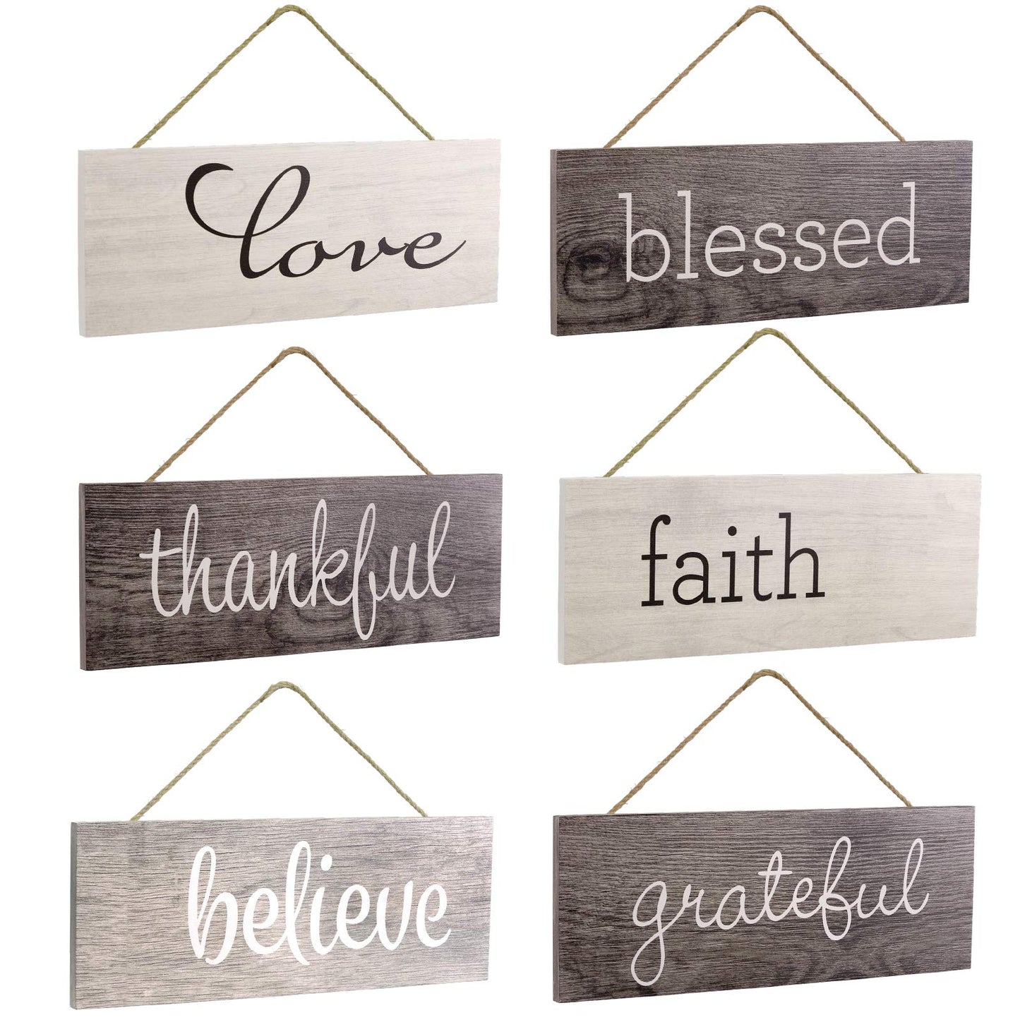 Excello Global Products Hanging Home Decor Sign with Sawtooth Hook and Jute Hanging Rope (Grateful, Love, Believe, Thankful, Faith, Blessed)