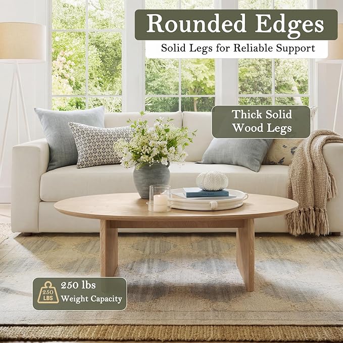 Honyee Oval Coffee Table, 47.2" Wood Coffee Table for Living Room, Modern Wooden Center Table with Solid Wood Veneer Legs, Sturdy Rounded Edge Design, Easy Assembly, Apartment Friendly, Natural