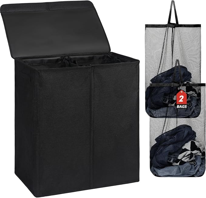 DOKEHOM 150L Extra Large Laundry Hamper with Lid, 2-Section Double Laundry Basket with Removable Mesh Liner Bags, Collapsible Clothes Sorter for Family, Bedroom, Laundry Room, Black