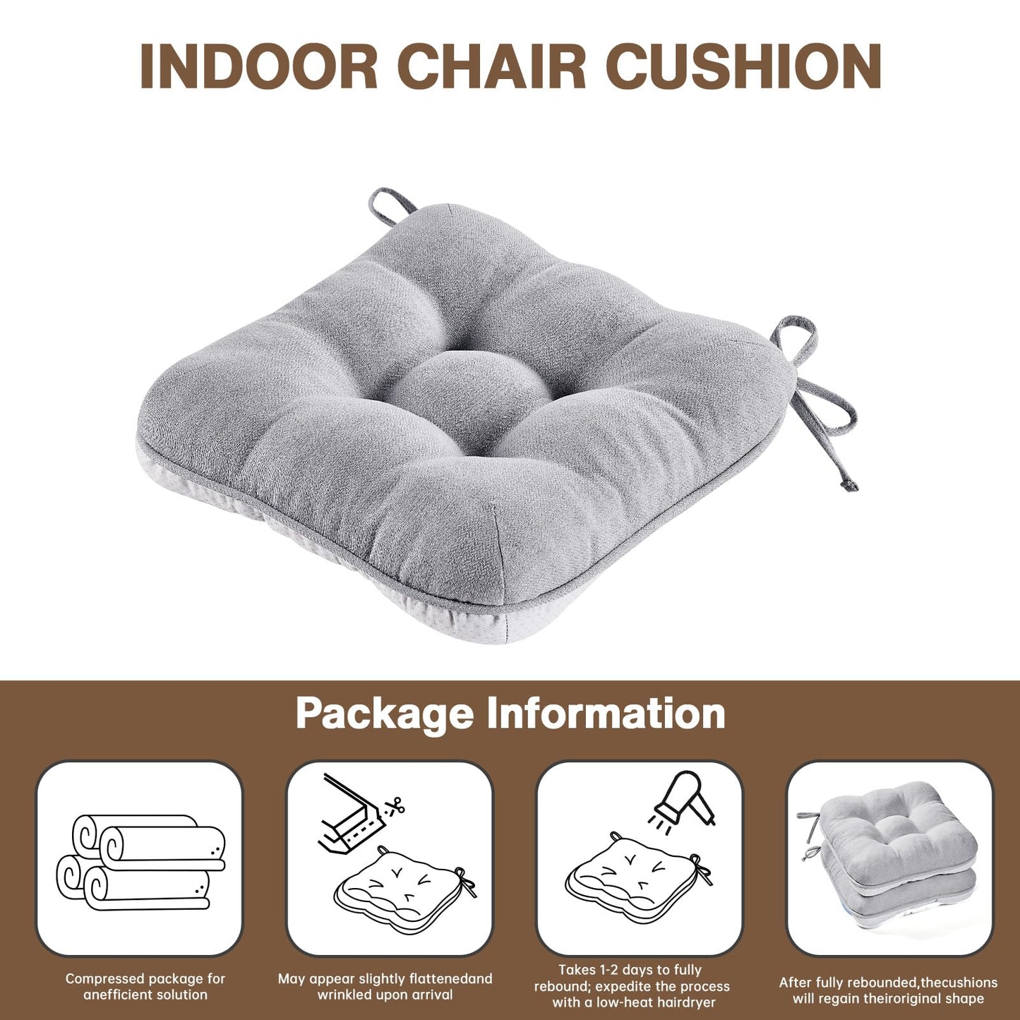 BETU Chair Cushions for Dining Chairs Set of 2,3.5" Thick Kitchen Table Chair Pads with Ties,Non Slip Backing and Covers, Seat Cushion for Dining Room,Bar,Patio Chairs,15.5"X15.5"X3.5",Light Grey