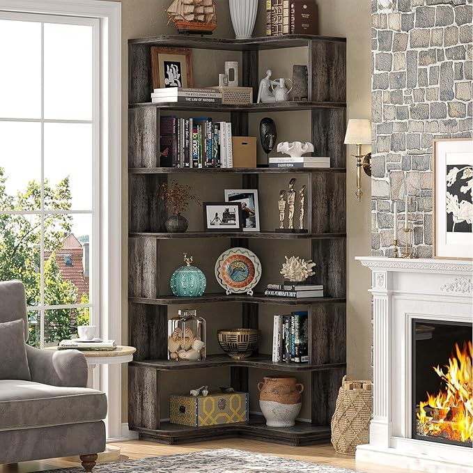Armocity Corner Book Shelf - 7 Tier Corner Bookshelf Etagere Bookcase with Baffle, Freestanding L Shaped Display Shelf Stand for Home Office, Living Room, Bedroom, Kitchen, Grey Oak