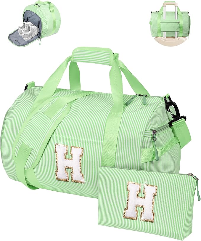Birthday Gift Ideas, Girl Gym Bag, Kids Monogram Overnight Duffel Bags with Shoe Compartment, Personalized Travel Bag with Makeup Pouch, Sweet Girls Gift for Niece Sister Friend (Letter H)