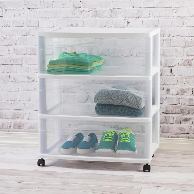 Sterilite 4 Pack Wide 3 Drawer Storage Cart, Plastic Organizer with Wheels, White - Multipurpose Bin for Clothes, Accessories, or Home Accessories