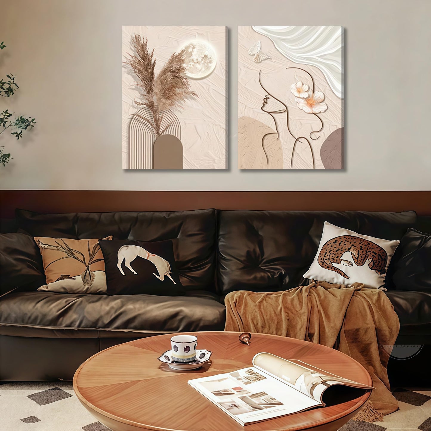 TJRRKYHY 2Pcs Modern Boho Abstract Canvas Wall Art Beige Minimalist Woman Line Art Decor Neutral Geometry Prints for Living Room Bedroom Bathroom Home Decor (12x16in canvas)