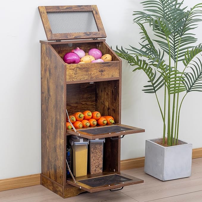 Potato Storage Bin Wooden Bread Box, Mid Century Modern Vegetable Storage Box with Lid, Farmhouse Potato and Onion Storage Cabinet for Kitchen,Brown