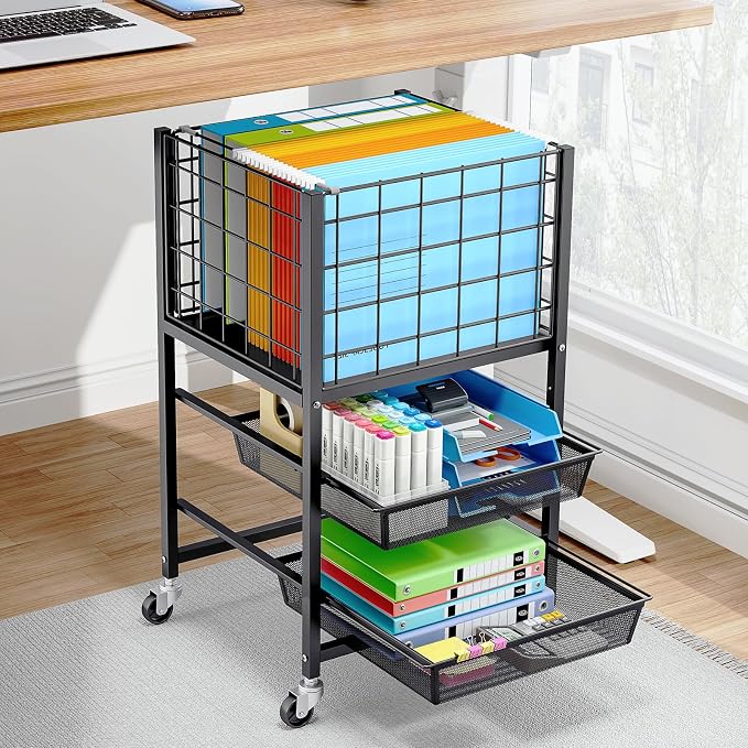 TOOLF Rolling File Cart, 3-Tier Metal File Cabinet with Wheel, Filing Cabinet with 2 Sliding File Trays, Adjustable Hanging File Folder Organizer for Office, Home, Classroom Black