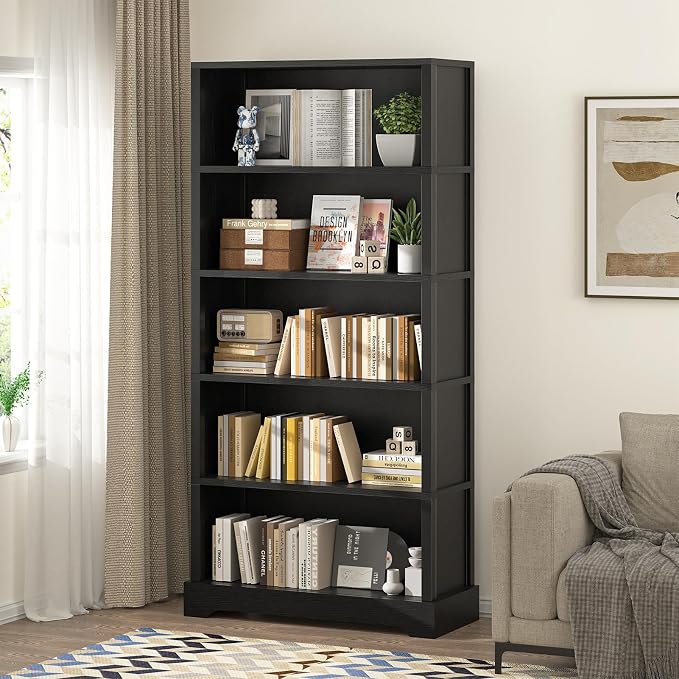 TVU 5-Tier Wooden Bookshelf, 65" Tall Farmhouse Style Open Bookcase, 31.5" W Standing Book Shelf with Storage, Suitable for Study, Living Room, Office, Blcak