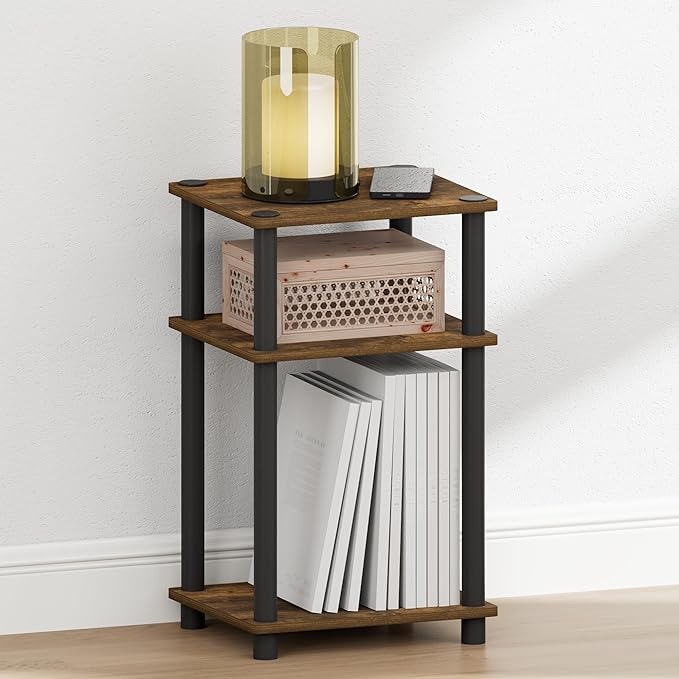 Furinno JUST Night Stand, 3-Tier Turn-N-Tube Nightstand, Toolless Bedside Table, End Table, Side Table with Open Storage for Bedroom, Closet, Dorm, Americano