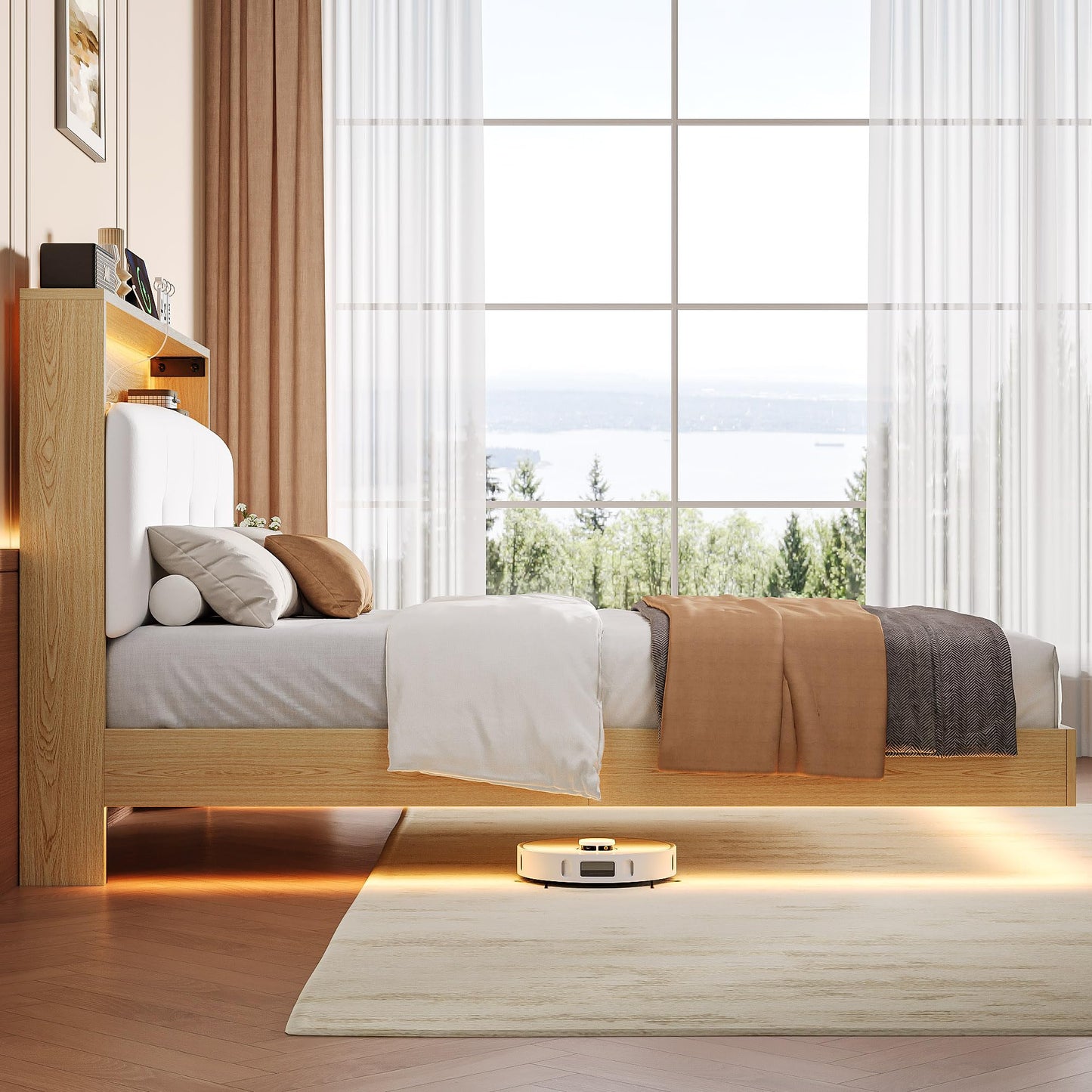 Einhomn Floating Bed Frame Full with 2-Tier Storage Velvet Fabric Upholstered Headboard, Wooden Platform Bed Frame w/Charging Station & LED Lights, Metal Slats Support, No Box Spring Needed, Natural