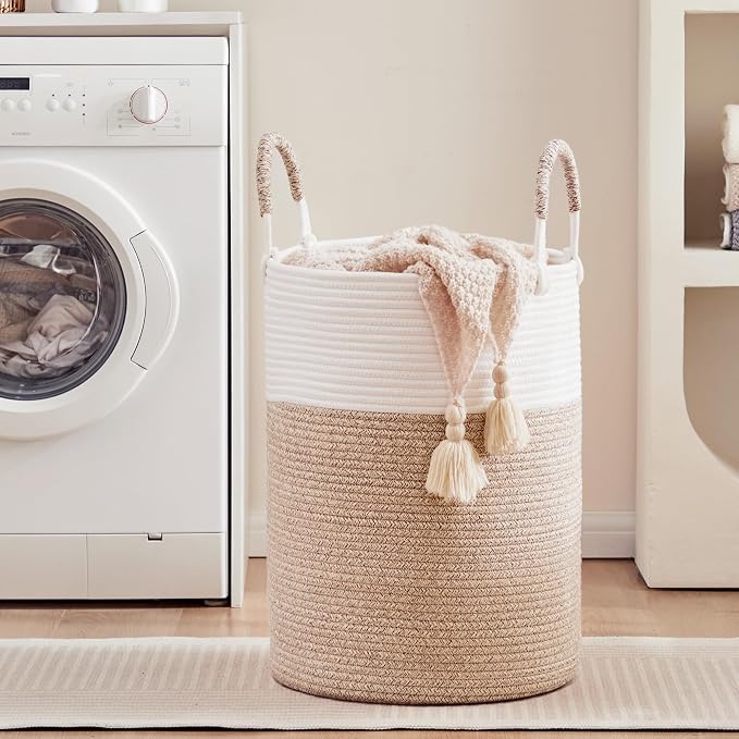 80L Extra Large Laundry Hamper Basket Tall Woven Rope Clothes Hamper Blanket Basket for Living Room Bathroom Bedroom Brown 16"L x 16"W x 22"H