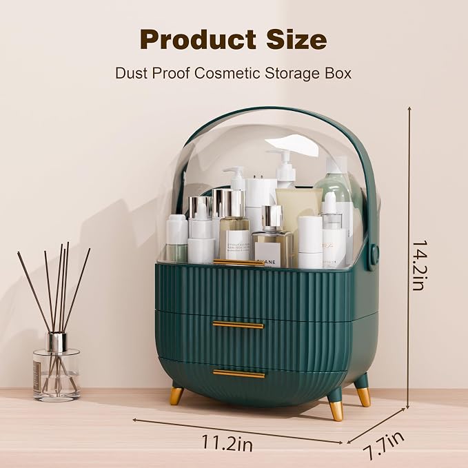 lurcns Makeup Organizers and Storage Make up Organizer for Vanity Cosmetics Skincare With Lid and Drawers Display Cases for Countertop Bathroom Women Teenager Girl Gifts(Dark Green)