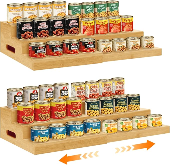 2 Pack Bamboo Expandable Can Rack Organizer for Pantry, Stackable 3 Tier Canned Food Organizers and Storage, Kitchen Cabinet, Food Can Holders Dispensers for Pantry Up To 48 Cans