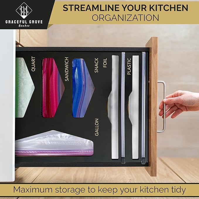 6-in-1 Bamboo Food Storage Bag Organizer for Drawer – Bag Organizer with Foil & Plastic Wrap Dispenser, Built-In Cutter, Holds Gallon Quart Sandwich Snack Bags, Black