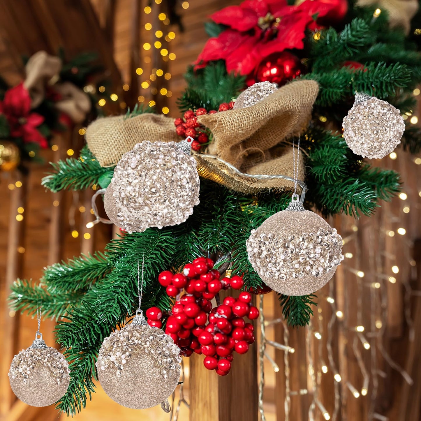 Poen 24 Pcs Glitter Christmas Ball Ornaments Set Christmas Tree Ornaments Hanging Sequin Foam Xmas Balls Decoration for Xmas Tree Wreath Garland Home Decor Wedding Party(Champagne)