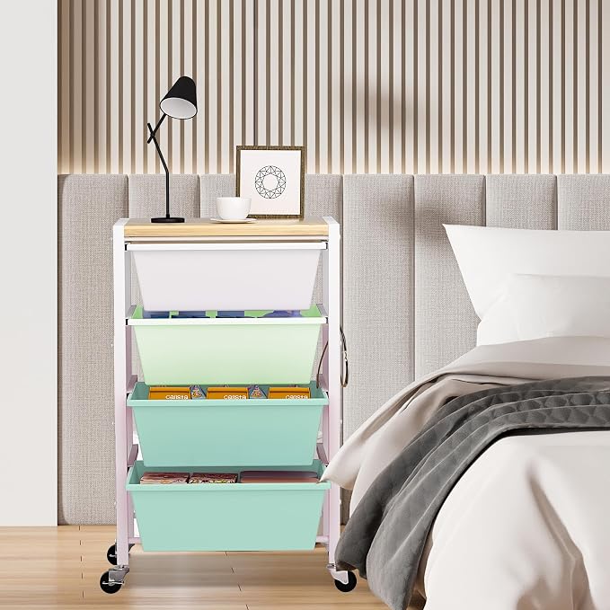 Rolling Cart with Drawers, Rolling Storage Cart with Large Plastic Drawers & Wooden Tabletop, Utility Cart with Pegboards & Basket, Storage Drawers Cart for Living Room, Classroom, Bedroom, Office