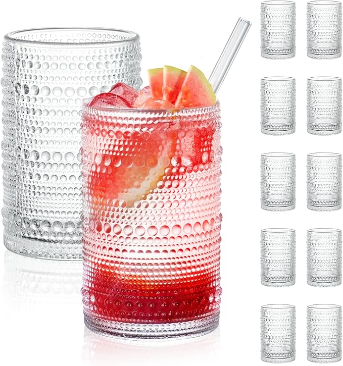 Hobnail Drinking Glasses Set of 12, 15 oz Large Capacity Highball Glasses with Straws Vintage Glasses Drinking Set, Embossed Beaded Glass Cups for Kitchen, Beer, Juice, Cocktail, Whiskey, Milk