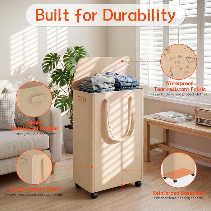 Slim Laundry Hamper with Wheels,15 Gal (55L) Rolling Laundry Basket with lid and wheels Clothes Hamper Foldable Tall Dirty Clothes Basket Sturdy Collapsible Clothes Hamper for Dorm,Laundry Room
