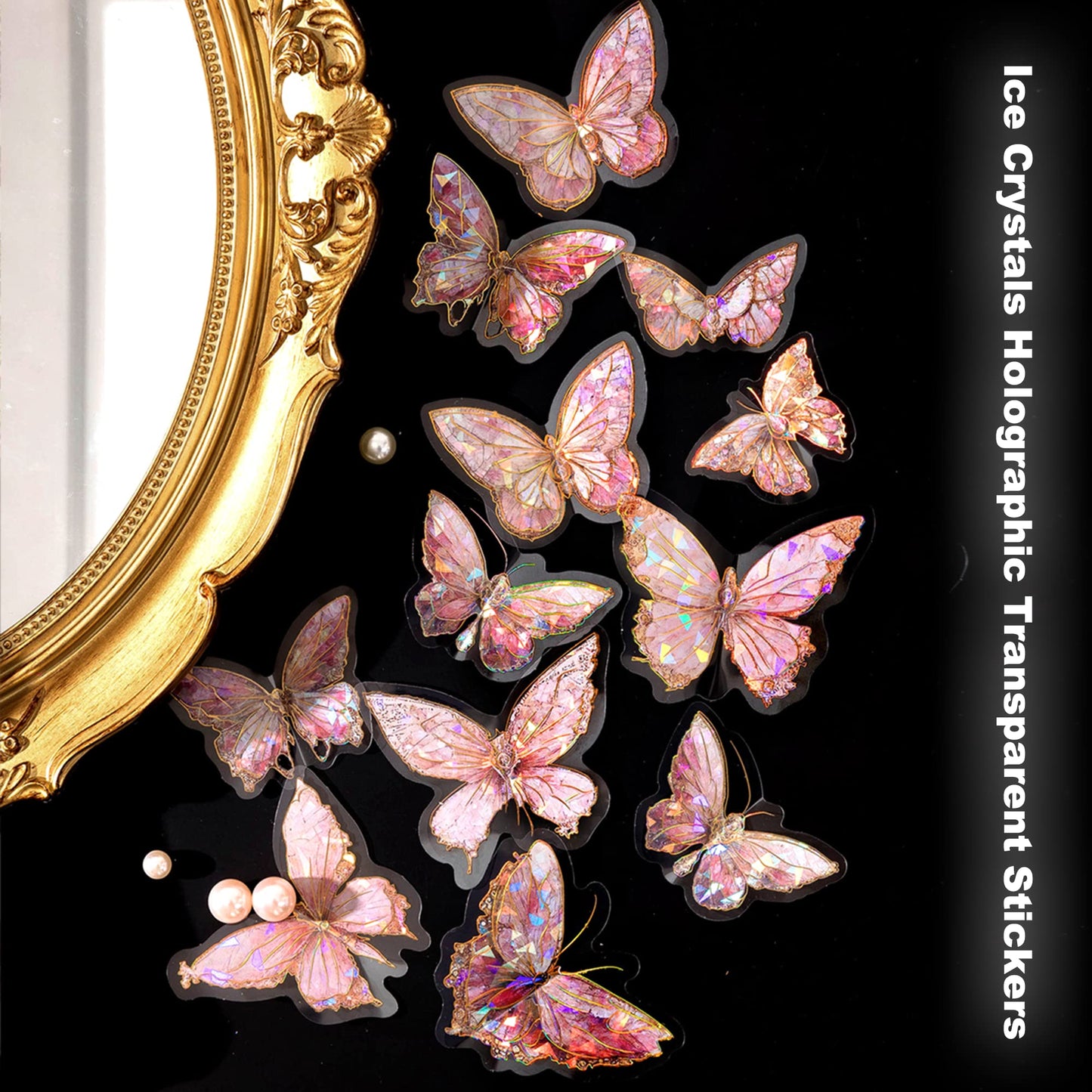 Aromoty Butterfly Stickers Set Ice Crystals Holographic Shiny Transparent Resin Waterproof Stickers Decals 80 Pieces with 4 Themes for Scrapbooking Supplies Junk Bullet Journals Daily Planner Laptop