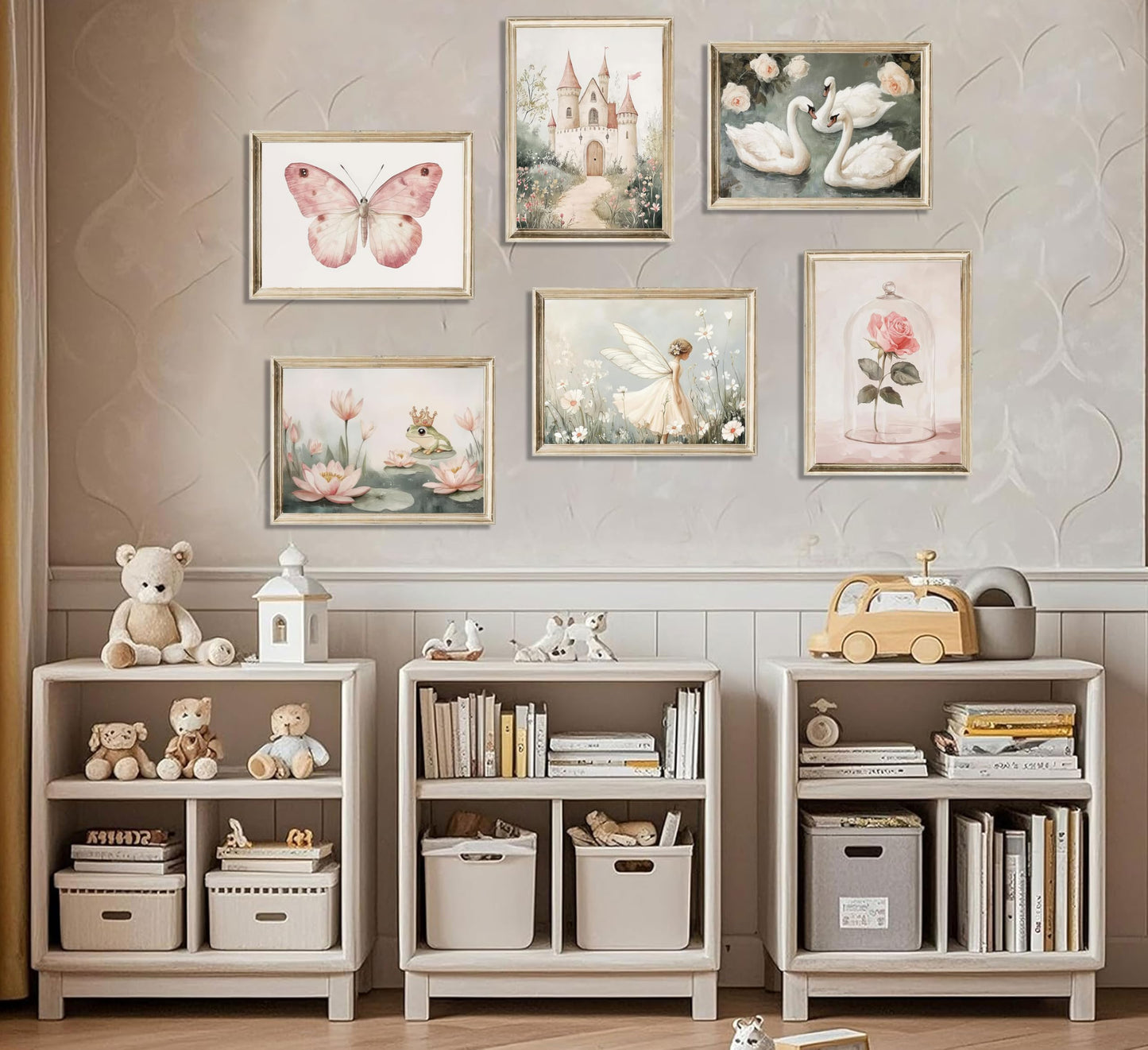 6Pc Coquette Wall Art Pastel Pink Trendy Posters Wall Decor White Swan Butterfly Frog Painting Pictures Castle Elf Aesthetic Floral Canvas Prints for Nursery Teen Girls Bedroom College Dorm Unframed