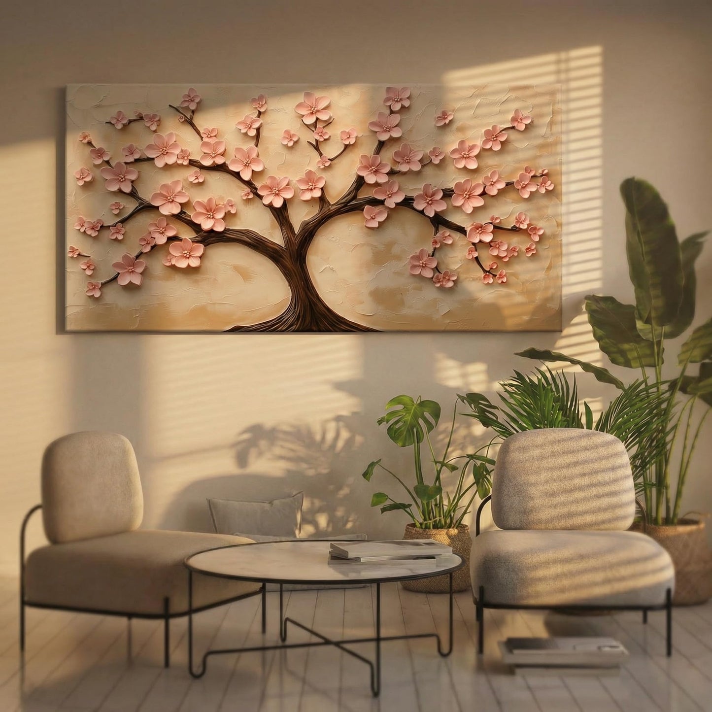BirdSuite 3D Pink Cherry Blossom Tree Wall Art, Canvas Print Wall Decor for Living Room, Modern Floral Painting, Ready to Hang-58x29 Inches