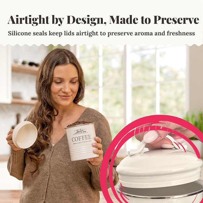 noonberry Kitchen Canisters for Countertop - 3-Piece Airtight Canister Set for the Kitchen Counter with Utensil Holder - Flour Sugar Containers - Cream-White Magnolia Finish