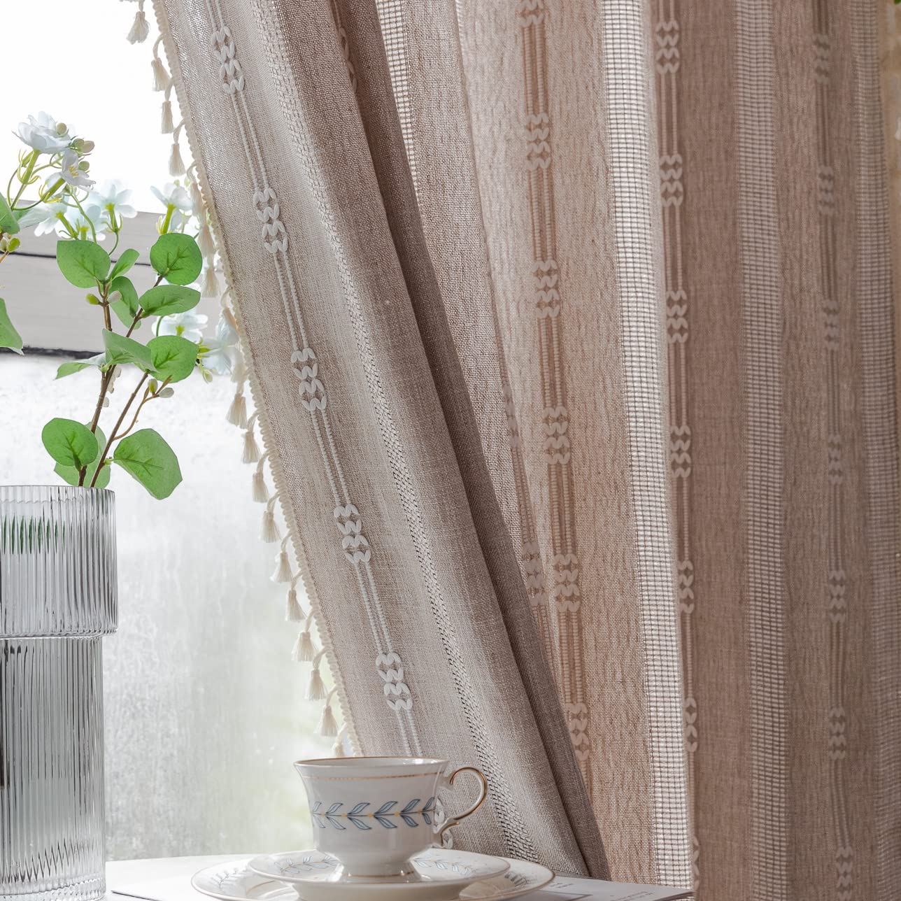 Colorigan Boho Semi Blackout 63 84 96 Inches Length 2 Panels Set Farmhouse Window Curtains with Tassels, Striped Embroidered Rustic Cotton Linen Long Bohemian Curtain Drapes for Living Room, Bedroom