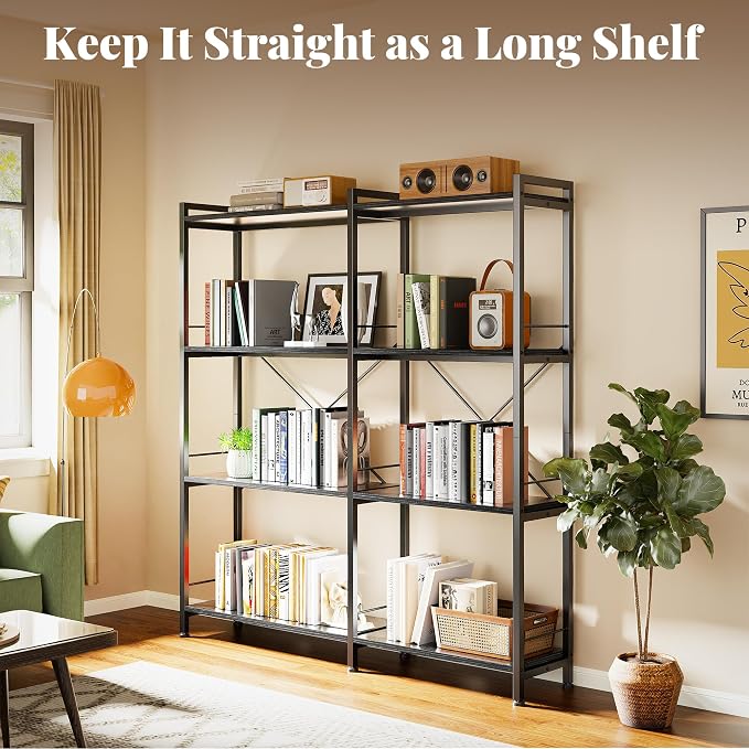 Huuger 4 Tier Bookshelf, L Shaped Corner Bookshelf with 8 Open Shelves, 49.4 Inch Straight Wide Bookcase with Metal Frame and Wooden Board, Adjustable Feet, Black